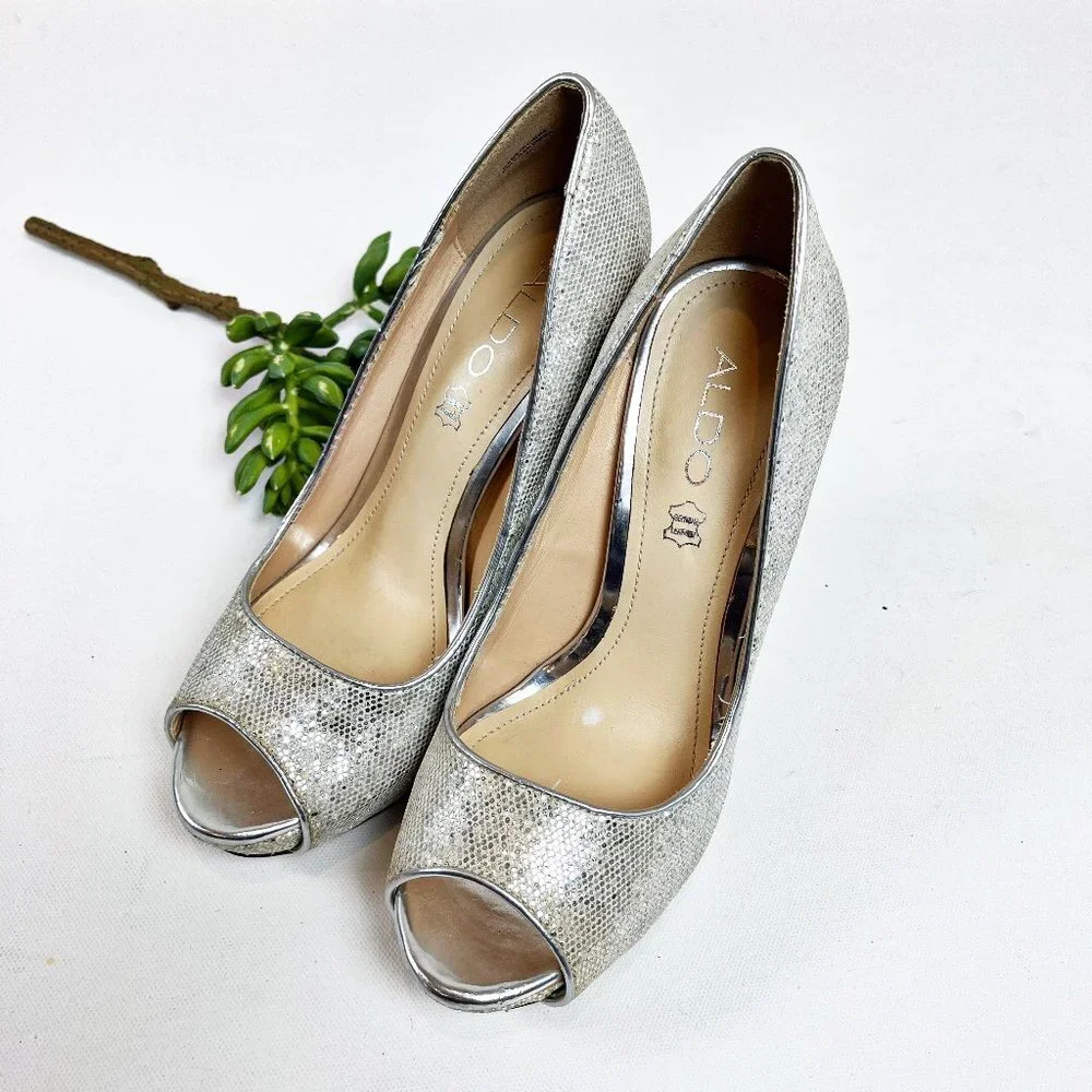 2/$30 Aldo Sparkly Silver Genuine Leather Platform Stilettos 6.5